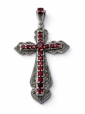 Intricate Silver Cross Necklace with Red Stones